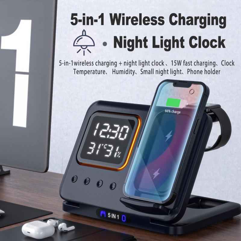 15W 5-in-1 Wireless Charger Stand with LED Alarm Clock Fast Charging Dock