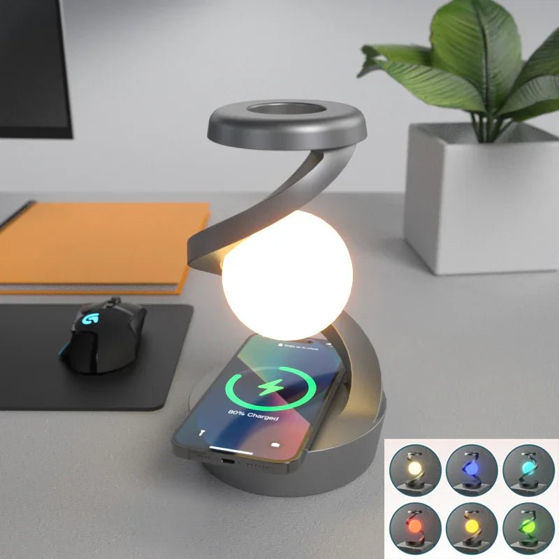 Rotating Moon Desk Lamp with Wireless Phone Charging – Sensor Control Night Light